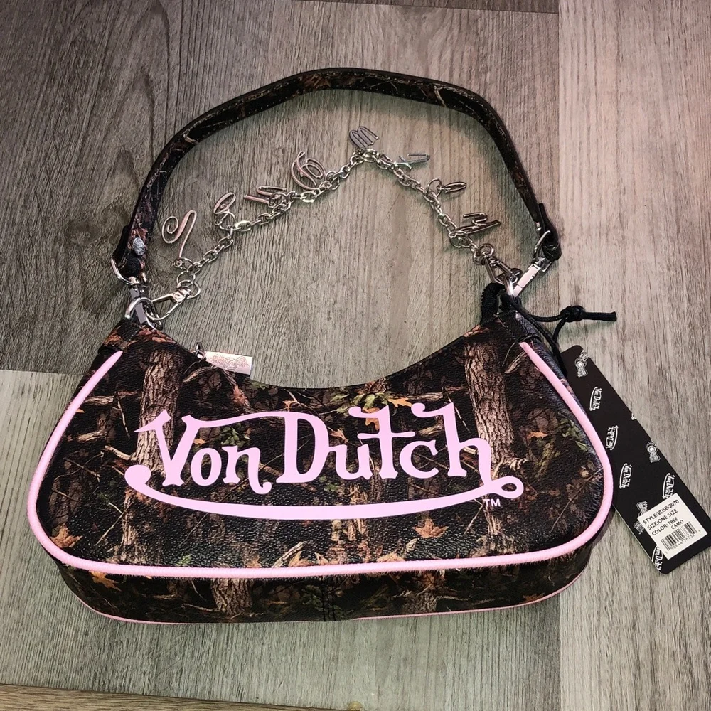Von Dutch Tree Camo Shoulder Bag Pink Logo & Von Dutch Logo Chain Accent NWT - Picture 2 of 16